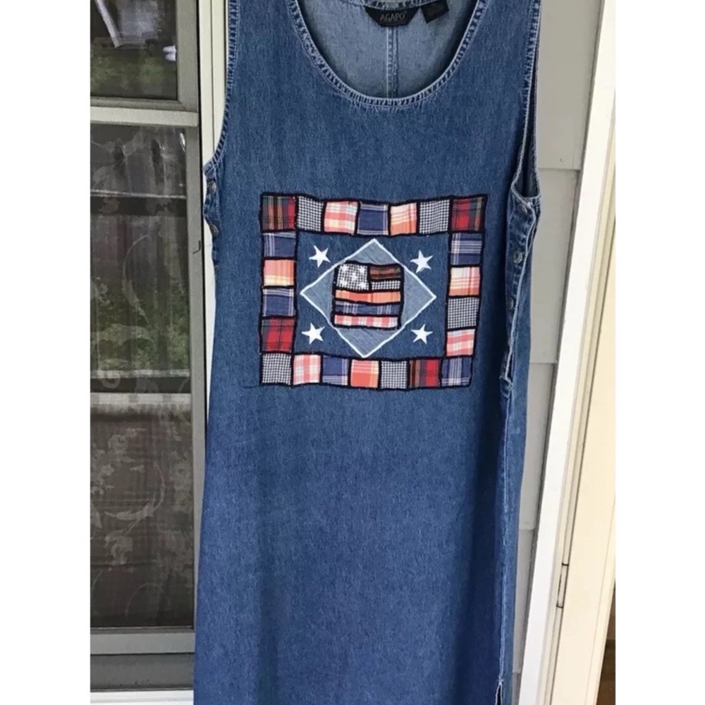 VTG Agapo Denim Maxi Dress Women Sz 1X Cotton Blue Jean American Flag Patchwork